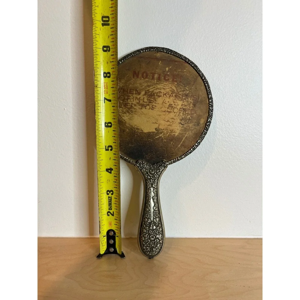 Vintage Ornate Handle Handheld Mirror Silver Tone Floral Etched Decor No Glass